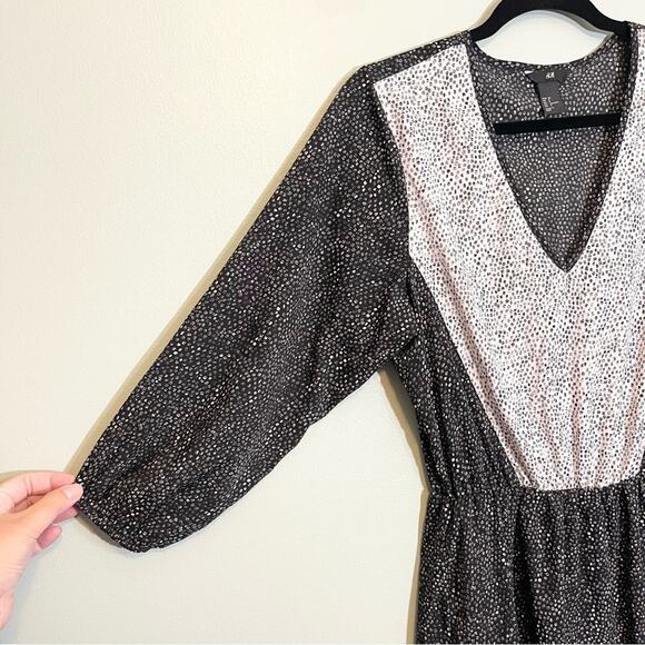 H&M Women's Black Polka Dots V-Neck Long Sleeve Cinched Baby Doll Dress Size 8 - Picture 3 of 16